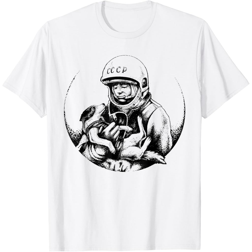 เสื้อยืดผ้าฝ้ายผู้ชาย Dog Laika เสื้อ Yuri Gagarin Tshirt Space First Astronaut เสื้อยืดคุณภาพสูงผ้า