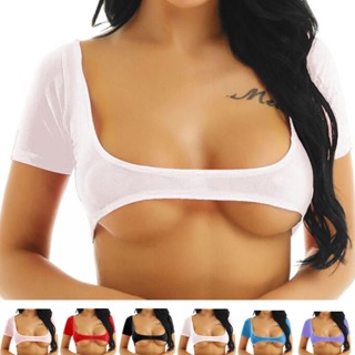 .crop top สไตล์เซ็กซี่ ตาข่ายบางเฉียบ กึ่งโปร่งเปิดหน้าอก แข…