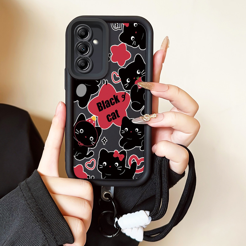 เคสสำหรับ Samsung A14 4G A14 5G เคสโทรศัพท์แมวนำโชคสายคล้องสามสีซิลิโคนกันกระแทก