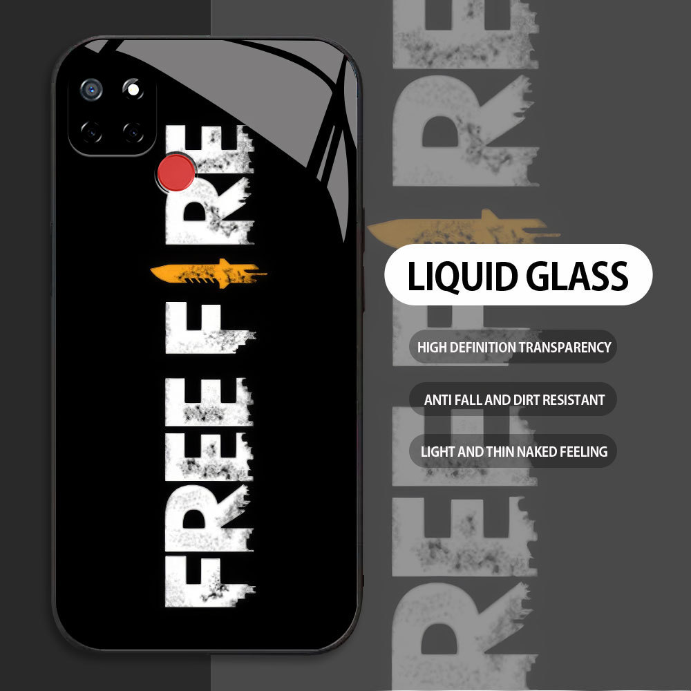 Realme Q Q5I V5 V13 Q3I Q3 5G V23 K9X C17 C12 C25 C25S C35  เคสกระจก ลายฟรีไฟร์ ขอบนุ่ม + สายคล้อง