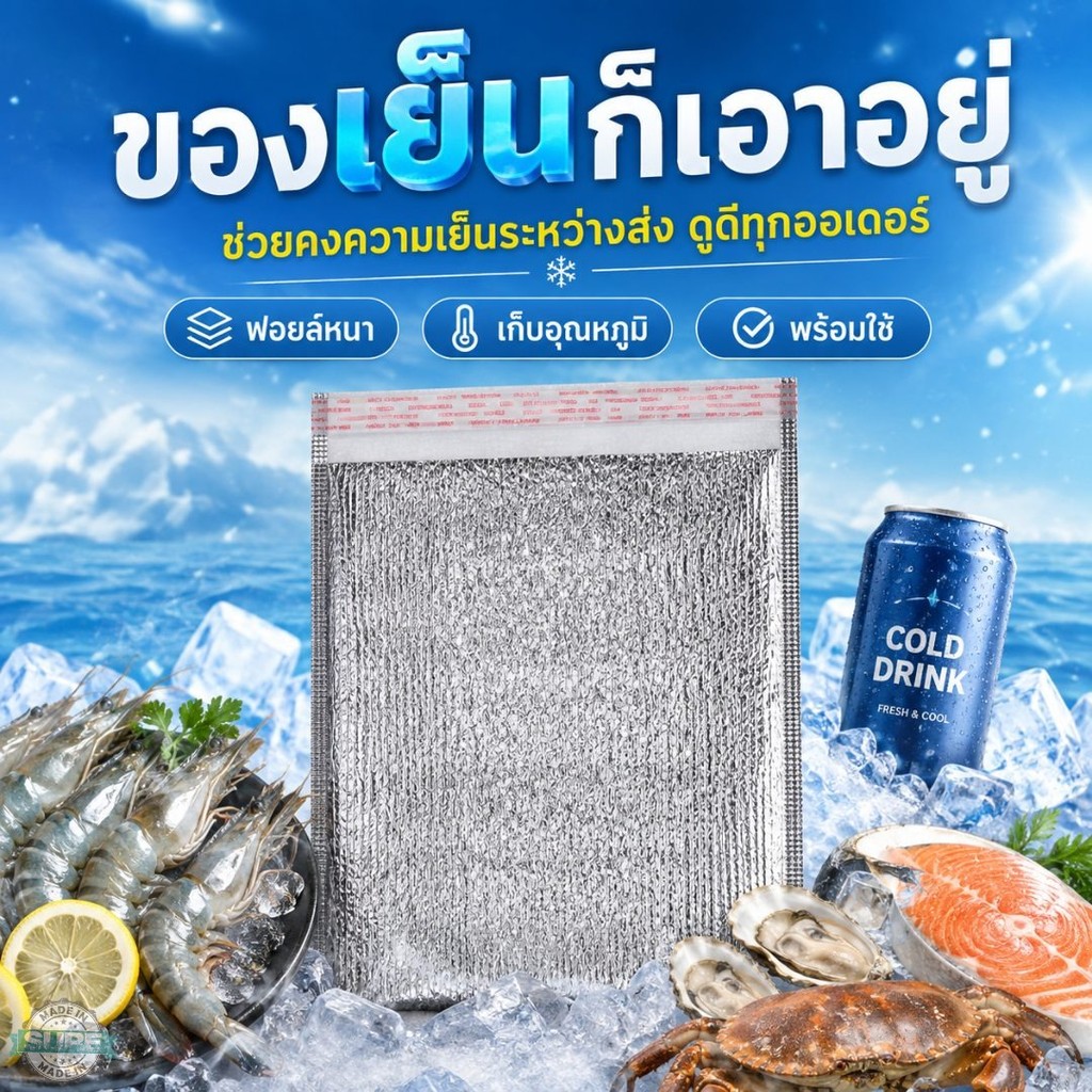 ถุงฟอยล์เก็บความเย็น 25x25 ซม. หนา 2 มม. 50 ใบ ถุงฉนวนอาหาร สำหรับเค้ก ปิ้งย่าง ของสด ซีฟู้ด ส่งอาหาร เดลิเวอรี