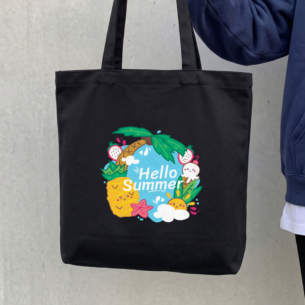 Hello Summer Tropical Fruit พิมพ์ผ้าใบกระเป๋าขนาดใหญ่เหมาะกับ A4 Beach School ของขวัญสําหรับผู้หญิง 