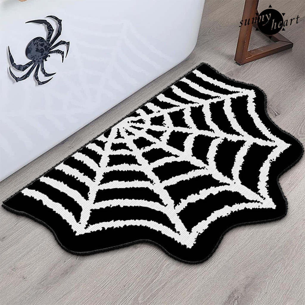 Sunnyheart Spider Web Bath Mat, Halloween Gothic พรมห้องน้ํา, พรมค้างคาวสีดํากันลื่นสําหรับทางเข้าบ้