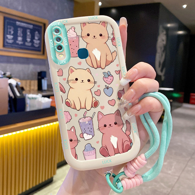 เคสสำหรับ VIVO Y12 Y15 Y17 Y11 2019 Y12i Y3 Y3s 2020 เคสโทรศัพท์แมวน่ารักซิลิโคนสายคล้องกันกระแทก