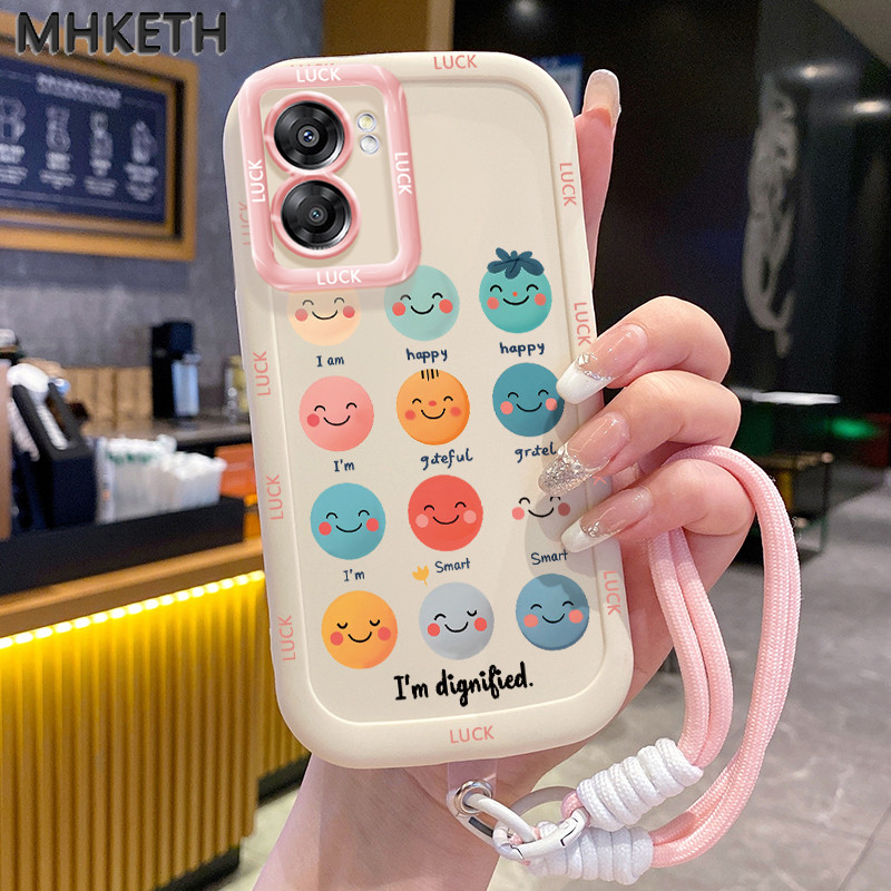 MHKETH เคสสำหรับ OPPO A57 2022 A77 2022 A57s A57e A77s เคสโทรศัพท์มีสายคล้องรูปแบบใบหน้ายิ้มน่ารัก