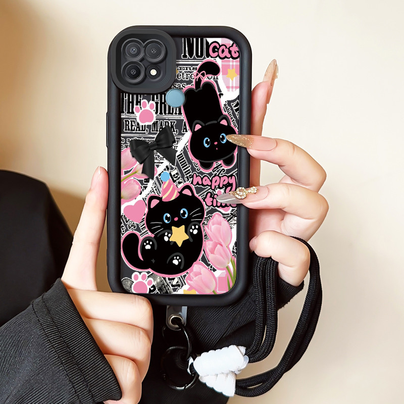 เคสสำหรับ OPPO A15 A15s A35 เคสโทรศัพท์แมวผีเสื้อสายคล้องสามสีซิลิโคนกันกระแทก