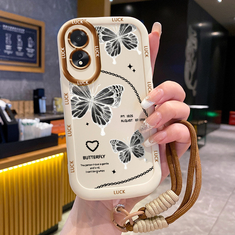 เคสสำหรับ OPPO A18 A38 เคสโทรศัพท์เรียบง่ายผีเสื้อซิลิโคนสายคล้องกันกระแทก