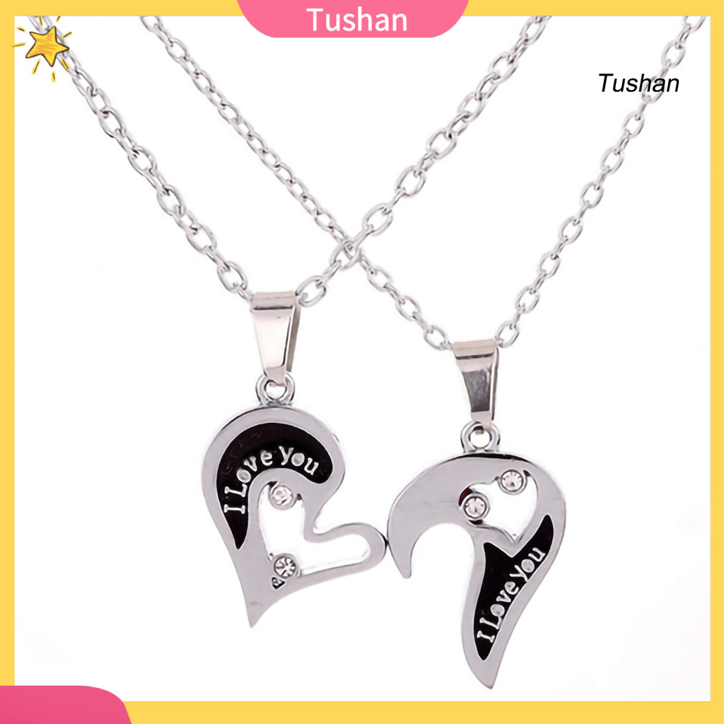 [TS]สร้อยคอคู่รัก 1 คู่ I Love You Rhinestone ฝังสร้อยคอคนรักจี้รูปหัวใจสําหรับครบรอบ