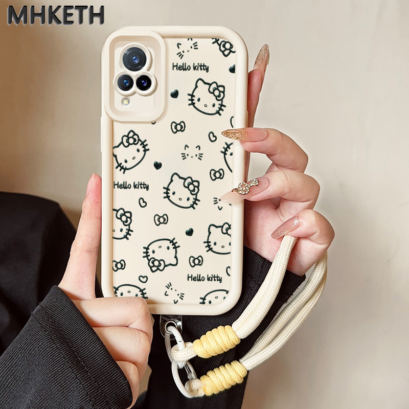 MHKETH เคสสำหรับ VIVO V21 4G V21 5G เคสโทรศัพท์แมวสายคล้องสามสีซิลิโคนกันกระแทก