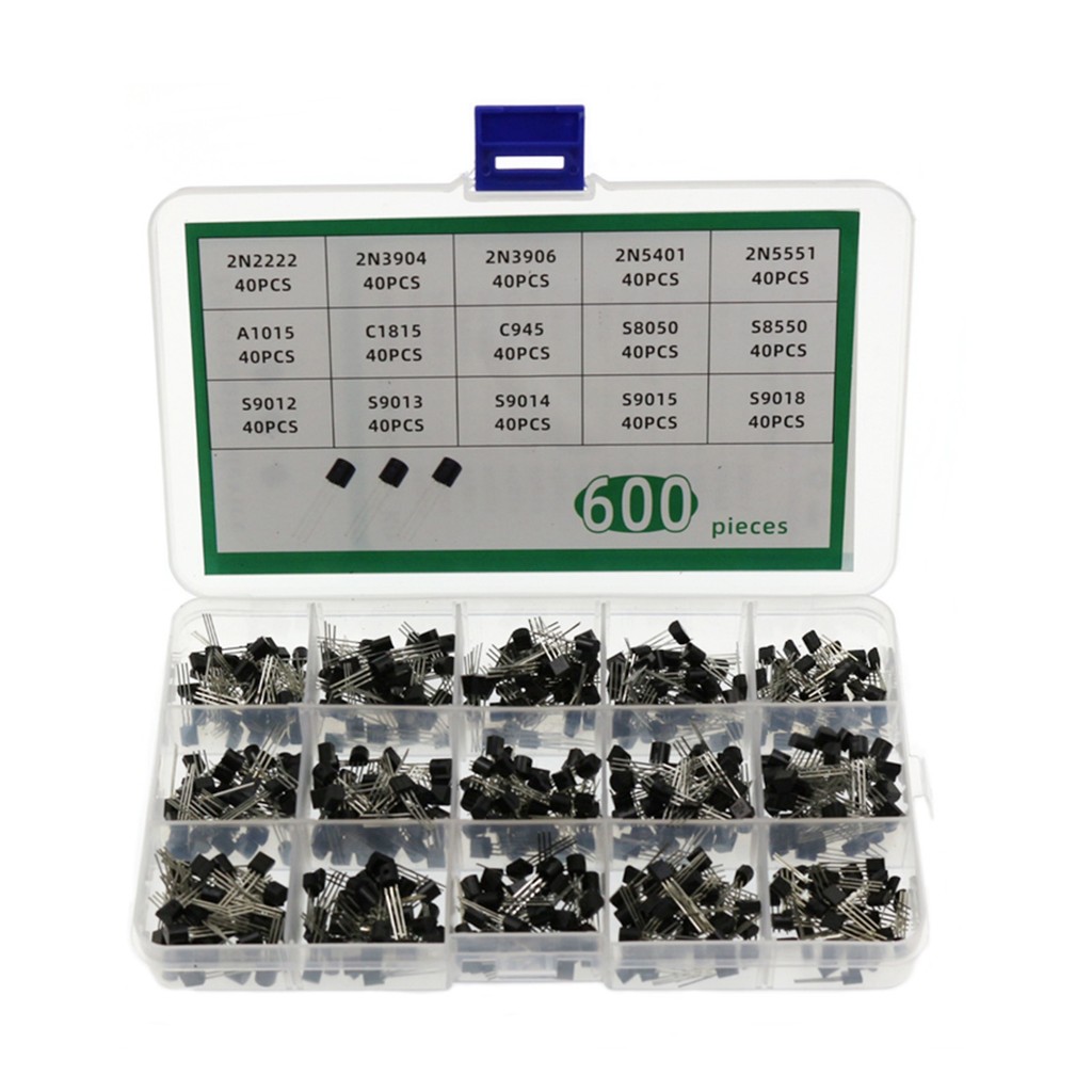 600PCS TO-92 ทรานซิสเตอร์ 15 ประเภทค่าชุด 2N222/ 2N3904/ 2N3906/ 2N5401/ 2N5551/ A1015/ C1815/ C945/