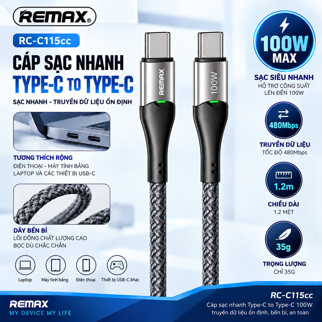 REMAX RC-C115 100W FAST CHARGING CABLE – TYPE-C TO TYPE-C – 1.2M UMBRELLA
