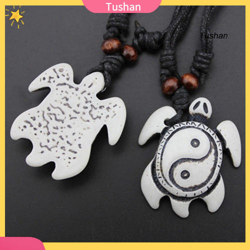 [TS]Retro ผู้หญิงผู้ชาย Faux Bone Wax สายไฟ Yin Yang Tai Chi เต่าจี้สร้อยคอ