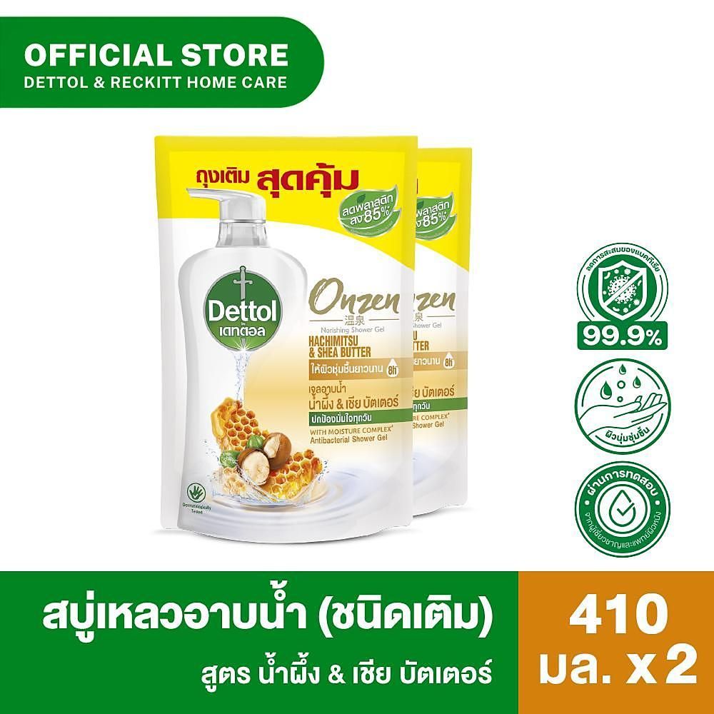 Dettol เดทตอล เจลอาบน้ำชนิดถุงเติม ออนเซ็น นอริชชิ่ง 410 กรัม X2 - น้ำผึ้ง & เชีย บัตเตอร์ x2