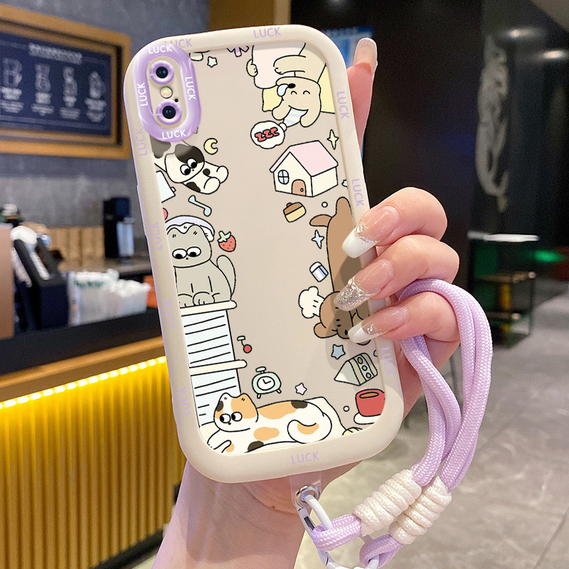 เคสสำหรับ iPhone X Xs Xr Xs Max 7 Plus 8 Plus เคสโทรศัพท์แมวสุนัขสายคล้องซิลิโคนกันกระแทก
