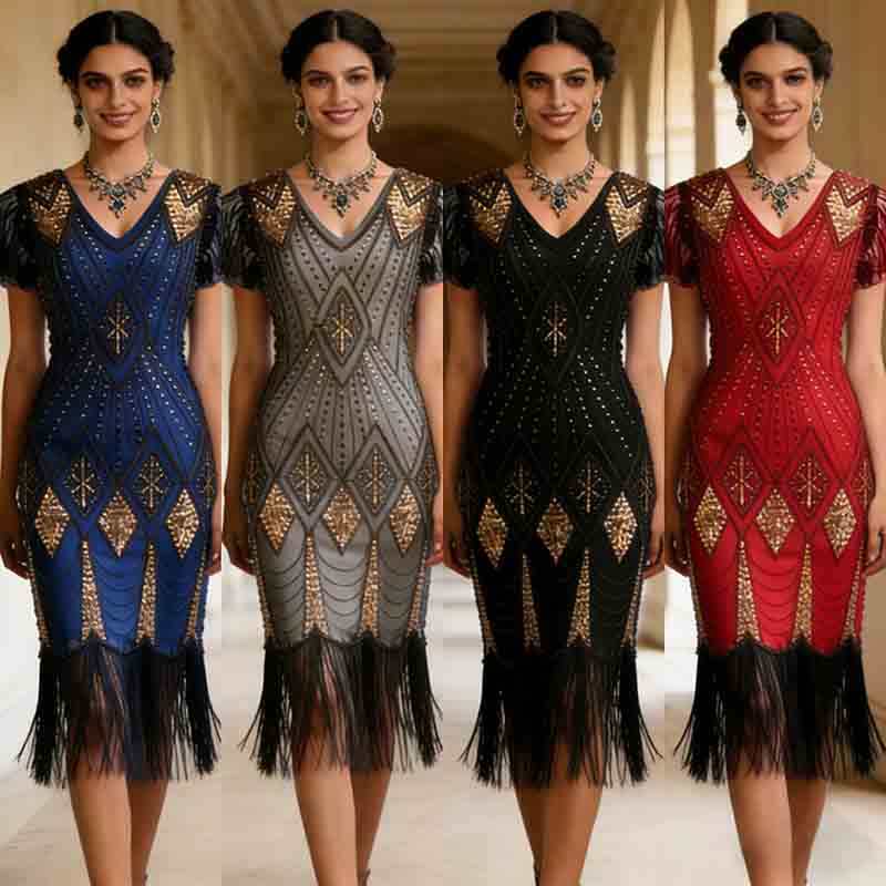 1920s Fringe Dress Great Gatsby Cocktail Party ชุดลูกปัดเลื่อม