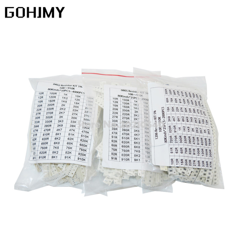 200PCS 660PCS 720PCS 4000PCS 0402 0603 0805 1206 1210 2512 SMD Resistor Kit 10K 100K 1K 1R 100R 220R