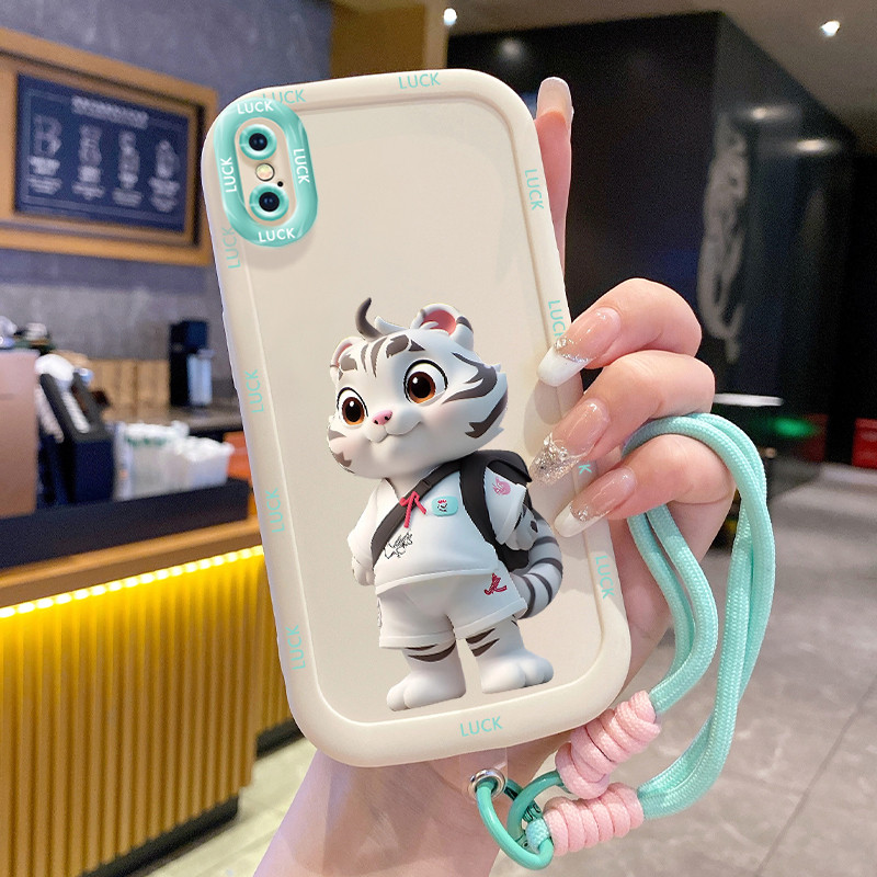 เคสสำหรับ iPhone X Xs Xr Xs Max 7 Plus 8 Plus เคสโทรศัพท์เสือขาวซิลิโคนสายคล้องกันกระแทก