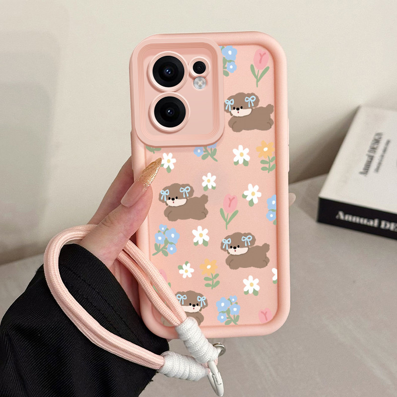 เคสสำหรับ OPPO Reno 13F 4G Reno 13F 5G เคสโทรศัพท์สุนัขแมวดอกไม้สายคล้องสามสีซิลิโคนกันกระแทก