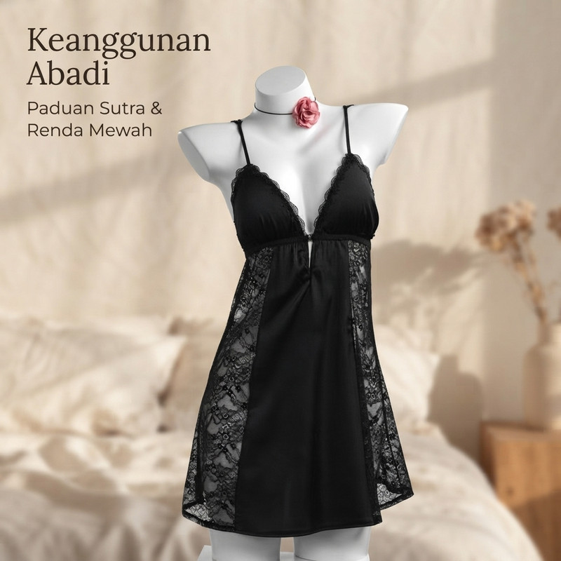 Chemise ผู้หญิงลูกไม้สีดําซาตินนุ่มเซ็กซี่หรูหราโปร่งใสหรูหรา