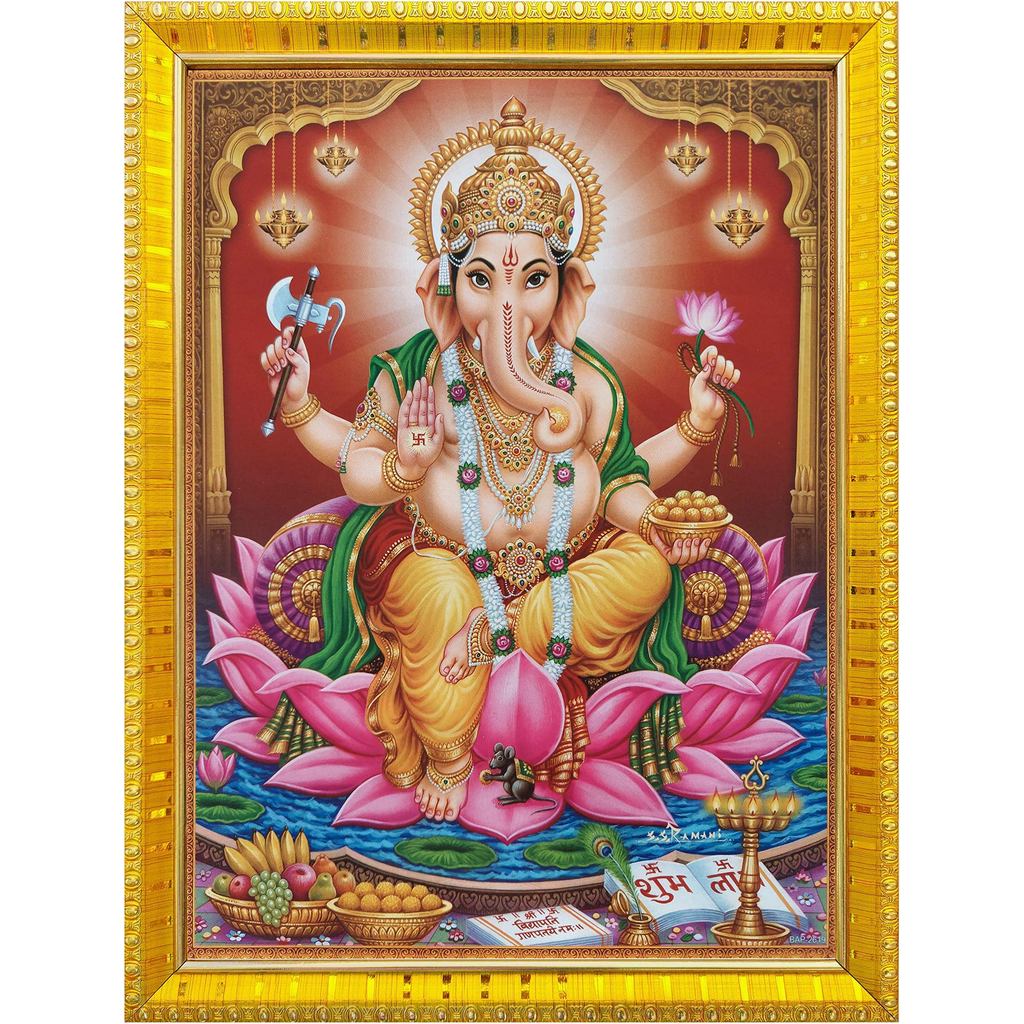 Ganesh Ganpati Ji บน Lotus พร้อม Muchakraj ภาพทางศาสนา Puja ห้องวัดแขวนผนังของขวัญตกแต่งบ้าน