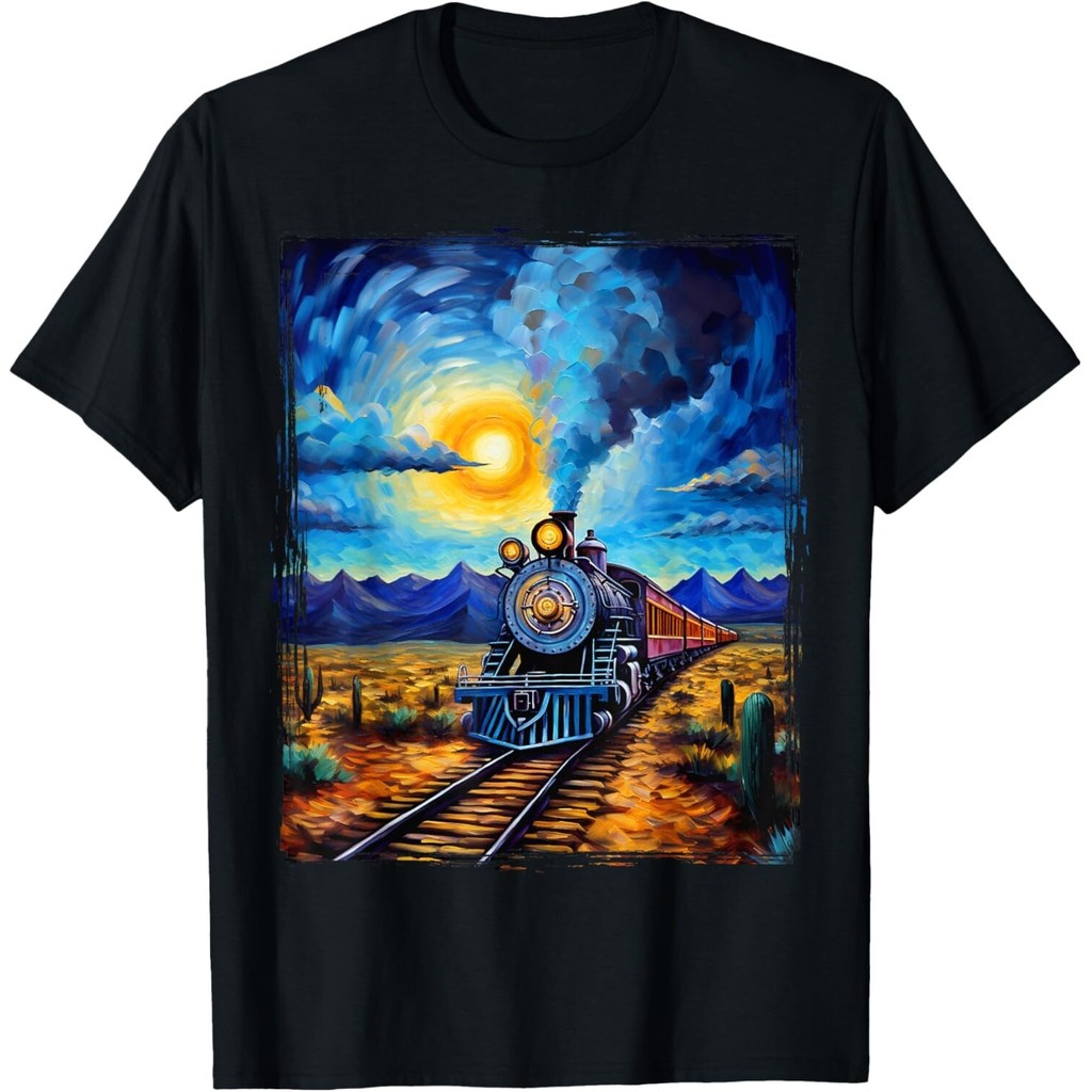 Steam Engine Steam Train Vintage Van Gogh Locomotive เสื้อยืด Unisex