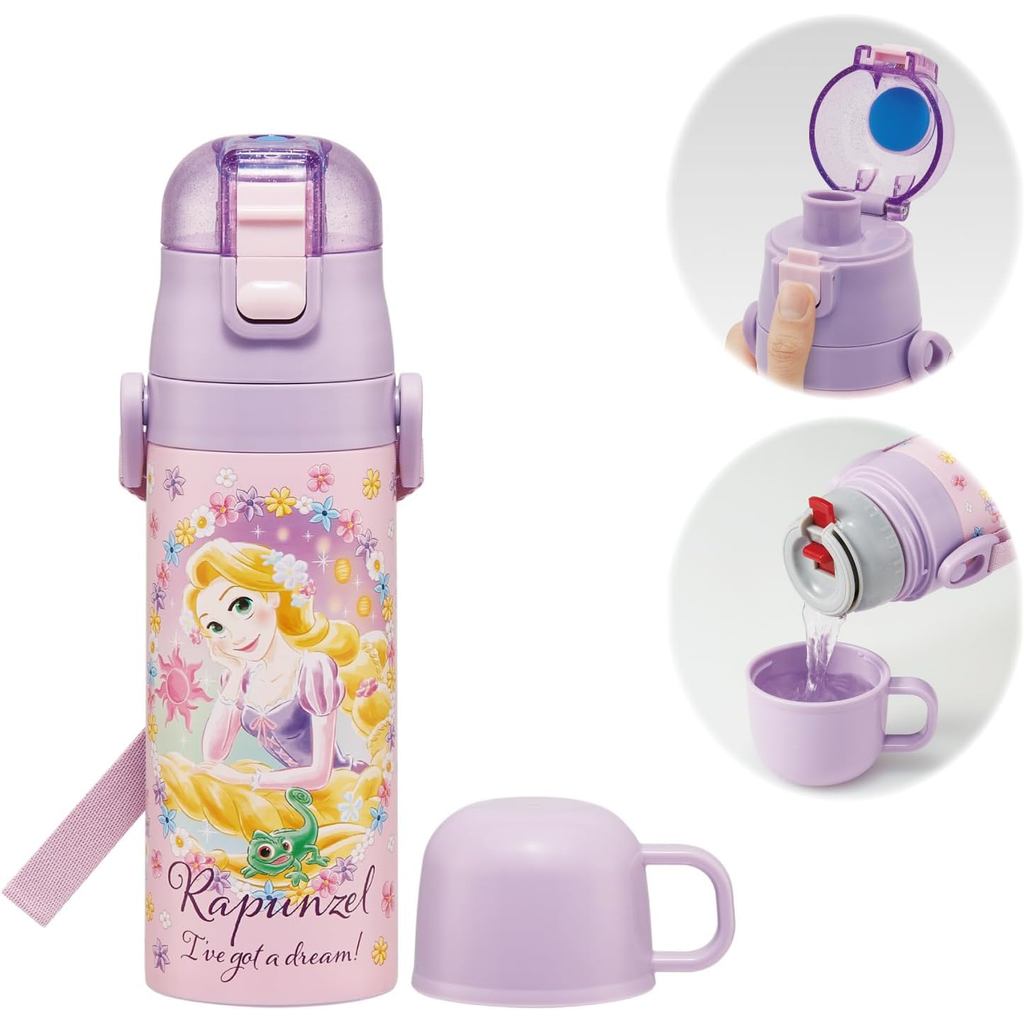 Skater SKDC4-A Kids Stainless Steel Water Bottle 2-Way 470ml – Disney Rapunzel Design – Hot & Cold –