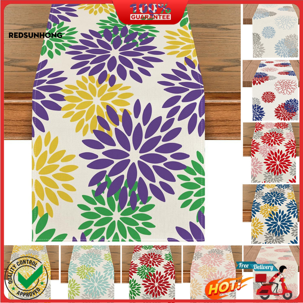 ❄Boho Dahlia Table Runner, Flower Table Runner, Linen Blend Bohemian Table Runner สําหรับบ้านไร่, Ho