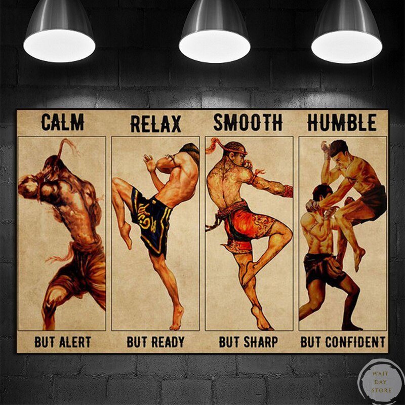 Gk102 Vintage Four Moves Muay Thai โปสเตอร์พิมพ์ความละเอียดสูงกันน้ําในร่มผ้าใบ Wall Art มวยกีฬา Art