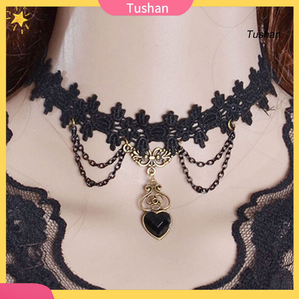 [TS]สร้อยคอ Colorfast Lace Edge Alloy สร้อยคอโซ่ลูกไม้สีดําสําหรับงานแต่งงาน