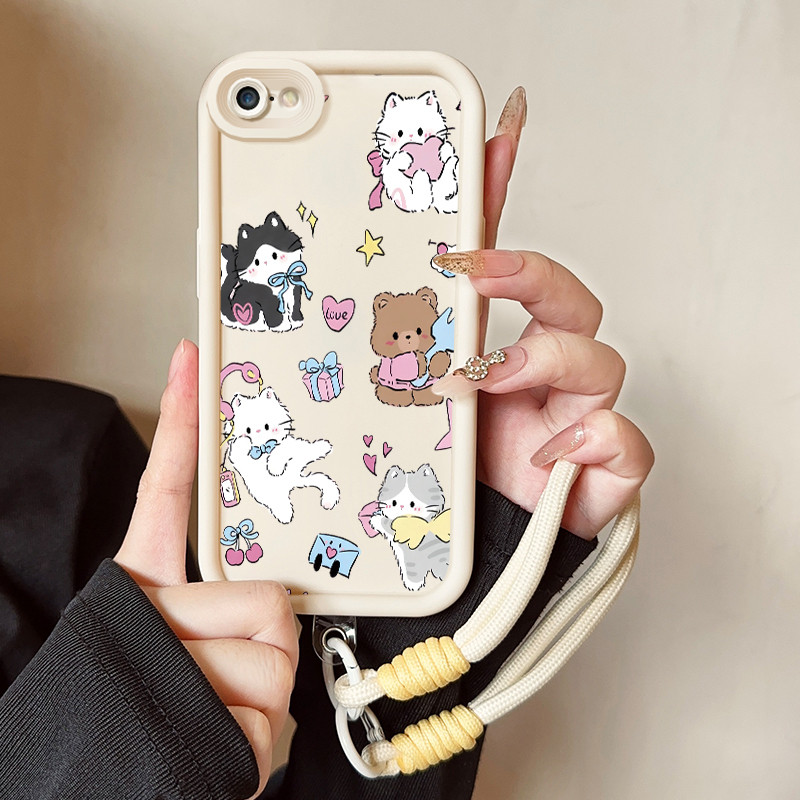 เคสสำหรับ iPhone 6 Plus 6s Plus 7 Plus 8 Plus SE 2020 X Xr Xs Max เคสโทรศัพท์สัตว์น่ารักสายคล้องสามสีซิลิโคนกันกระแทก