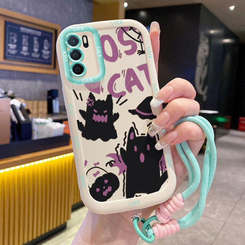 เคสสำหรับ OPPO A16 A16s A54s เคสโทรศัพท์แมวสัตว์น่ารักซิลิโคนสายคล้อง