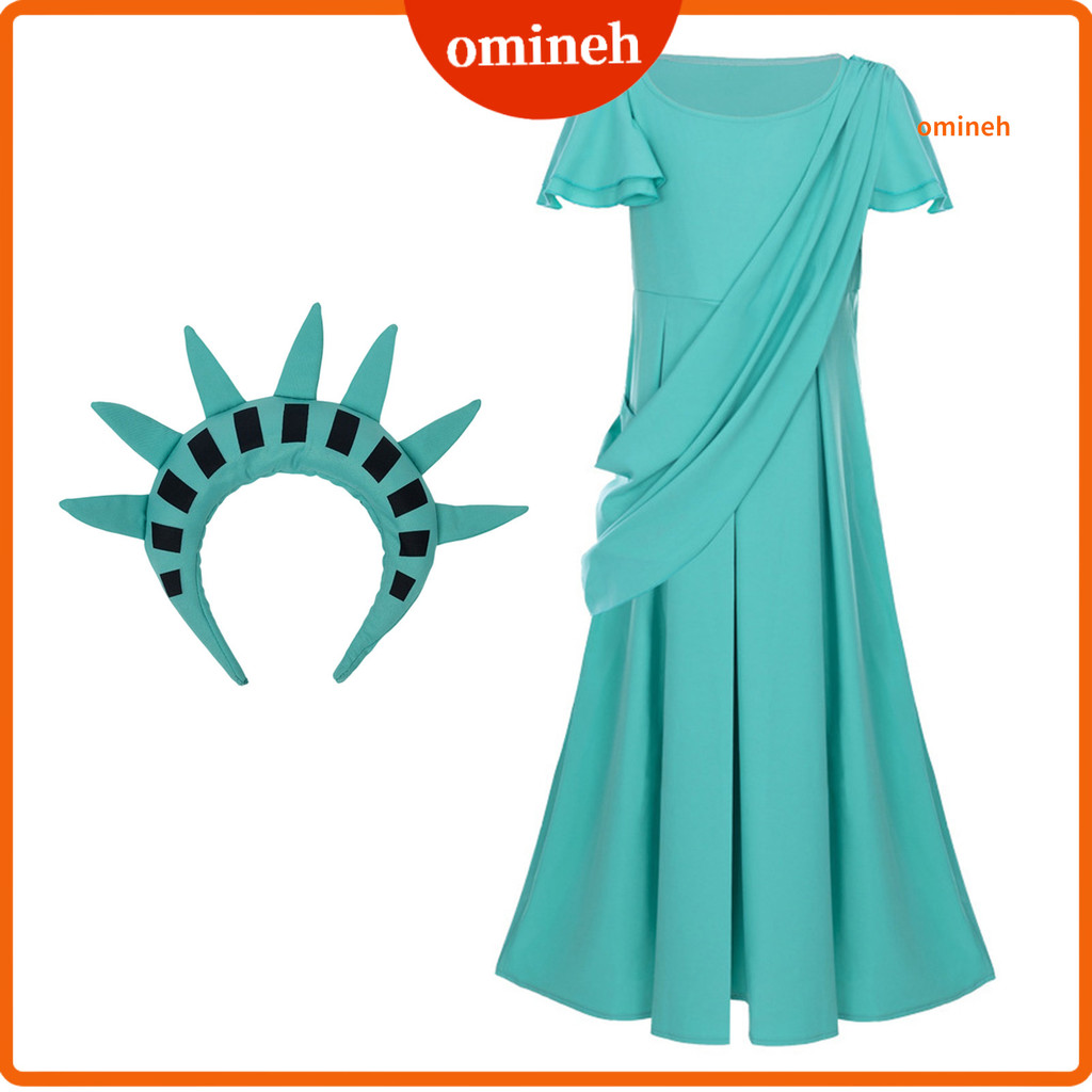 [OIH]Statue of Liberty Dress for Kids Adult, Halloween Roman Women Costume, 4th of July Patriotic คอ