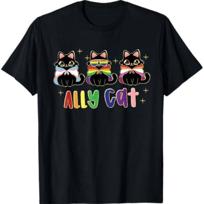 Ally Cat Rainbow Pride Flag Gay Pride Month 2025 เสื้อยืด