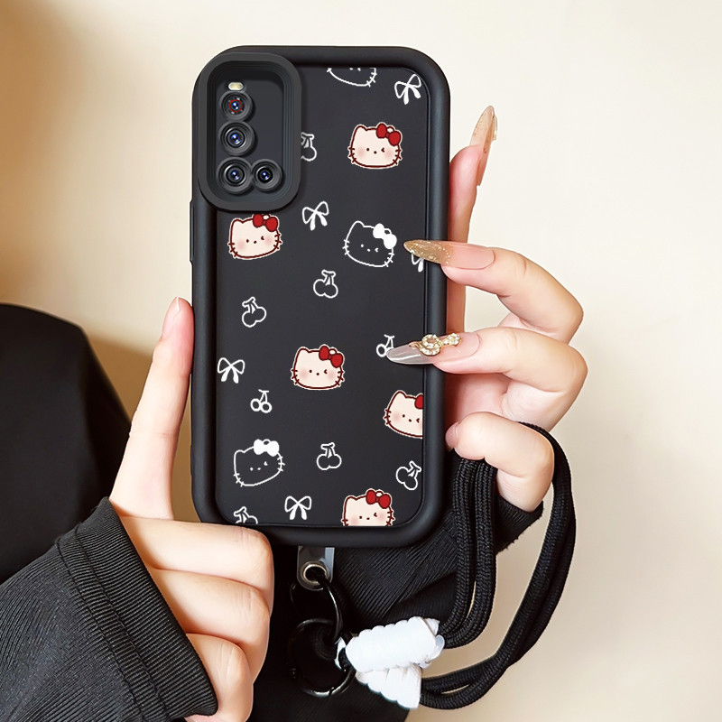 เคสสำหรับ VIVO V19 เคสโทรศัพท์แมวเชอร์รี่สายคล้องสามสีซิลิโคนกันกระแทก