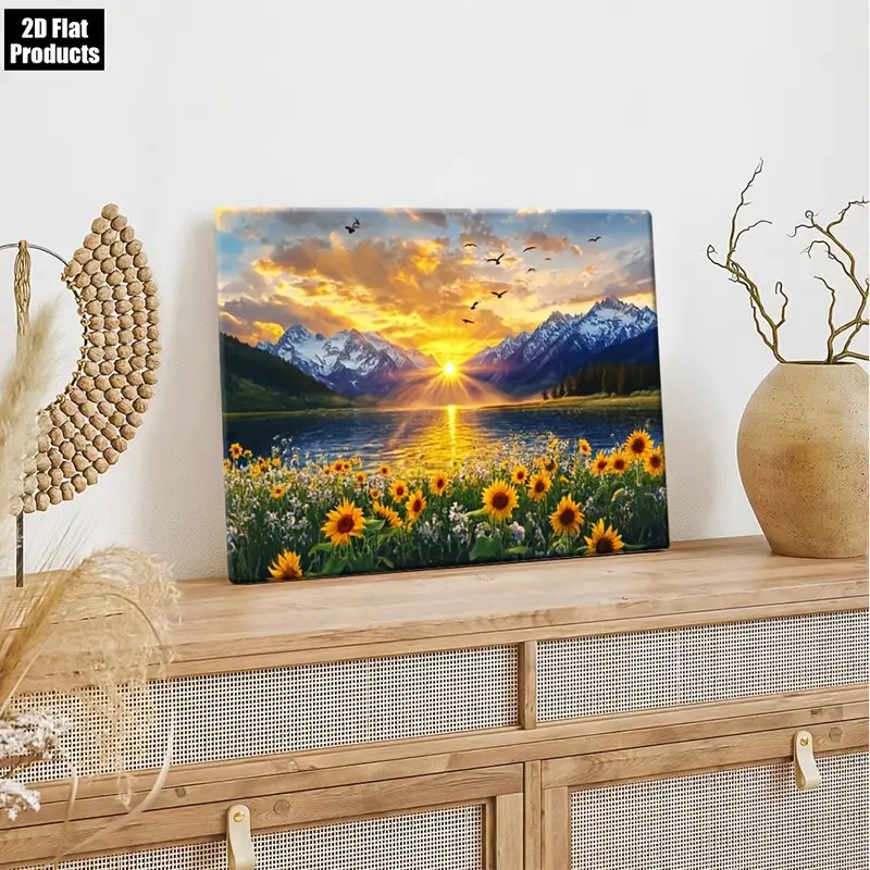 Sunrise Over Mountains & Sunflowers ภาพวาดภูมิทัศน์, Vibrant Yellow & Orange Sunset/Sunrise Colours 