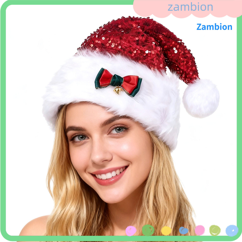 [zombion] Sequined Santa Hat หมวกคริสต์มาสแวววาวพร้อมโบว์ Fluffy Pompom Unisex Fuzzy Xmas Hat สําหรั