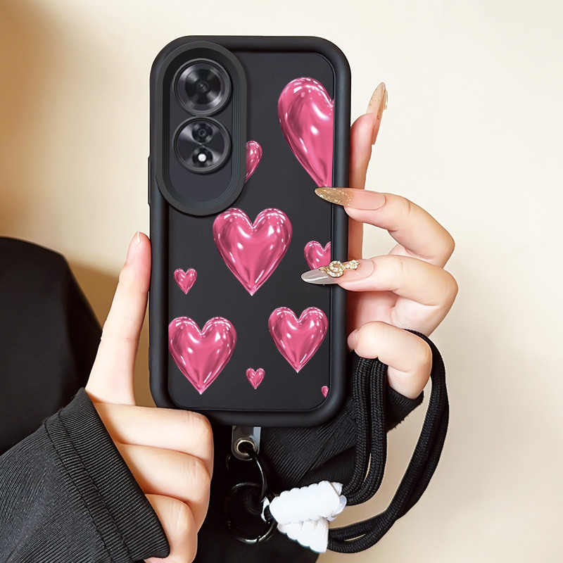 เคสสำหรับ OPPO A60 4G เคสโทรศัพท์รูปหัวใจสายคล้องสามสีซิลิโคนกันกระแทก