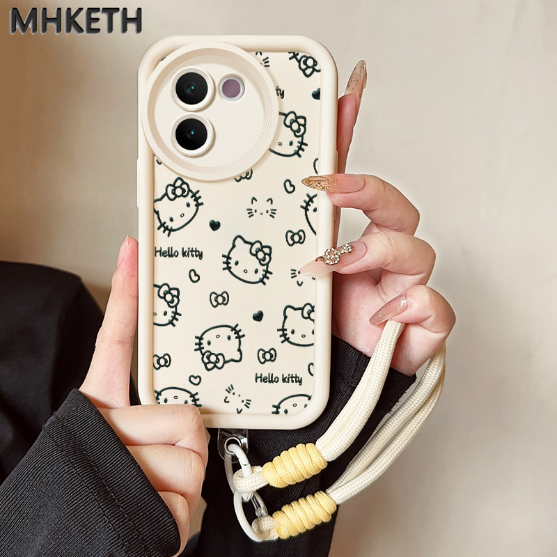 MHKETH เคสสำหรับ VIVO V30E 5G เคสโทรศัพท์แมวสายคล้องสามสีซิลิโคนกันกระแทก