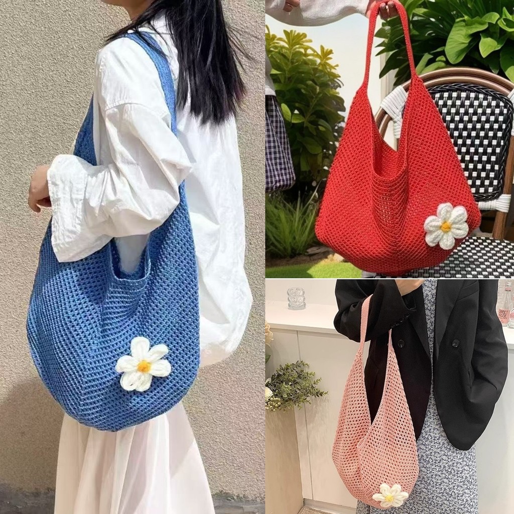 nkshop พร้อมส่งในไทย กระเป๋าสาน ดอกไม้ติด ไหมพรม กระเป๋าถัก ตกแต่งดอกไม้ สะพายข้าง ไปทะเล