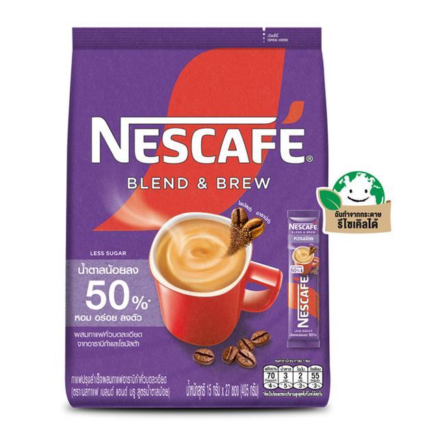 🌋 เนสกาแฟเบลนด์แอนด์บรูกาแฟปรุงสำเร็จชนิดผงสูตรน้ำตาลน้อย 15กรัม แพค 27ซอง 🌠 Nescafe Blend and Brew 