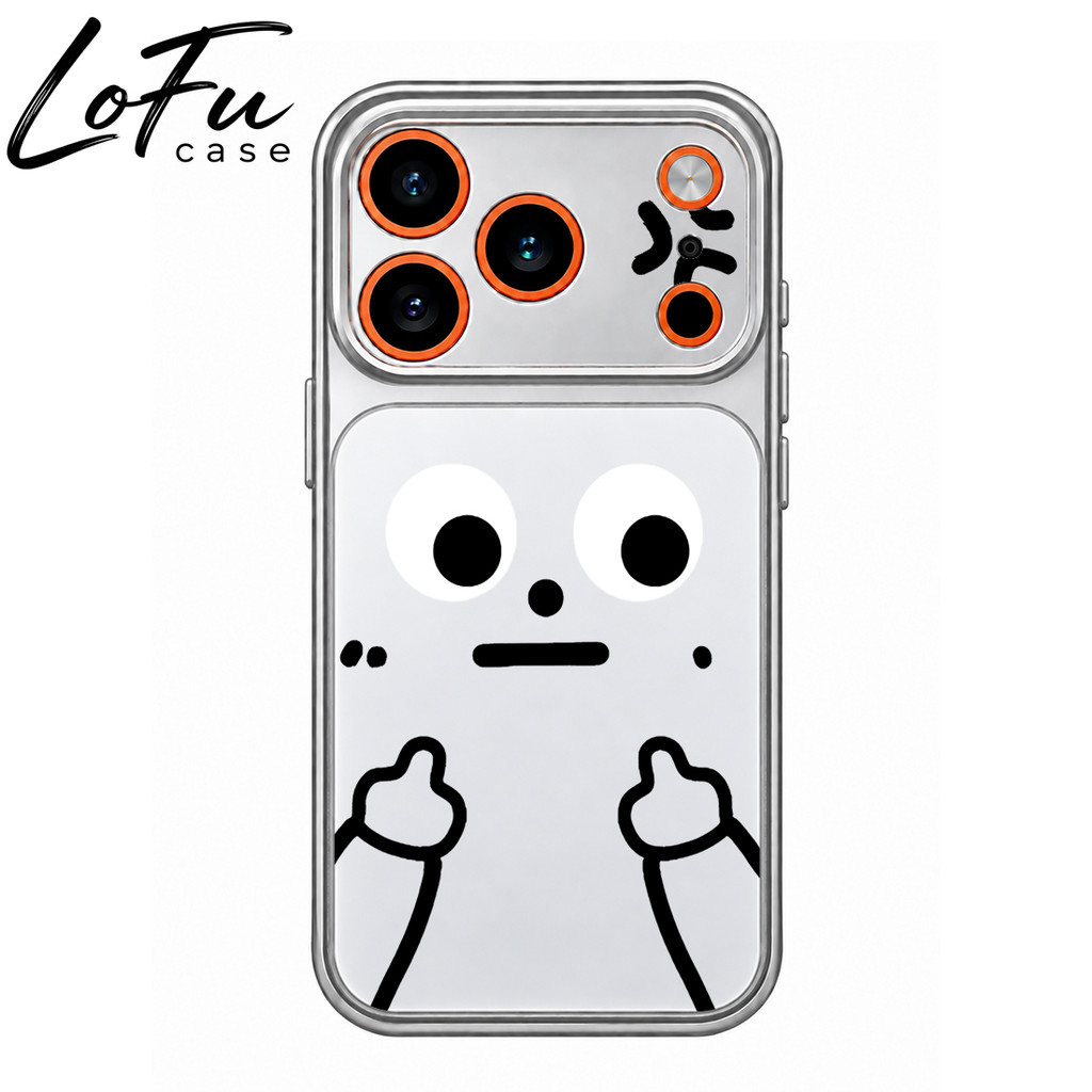 เคสอะคริลิกผิวเงา ขอบเงิน ขอบ PC กันกระแทก ลายตาโตกับมือชูนิ้วสองข้าง iPhone 16 Plus 14 Plus 17 Pro 