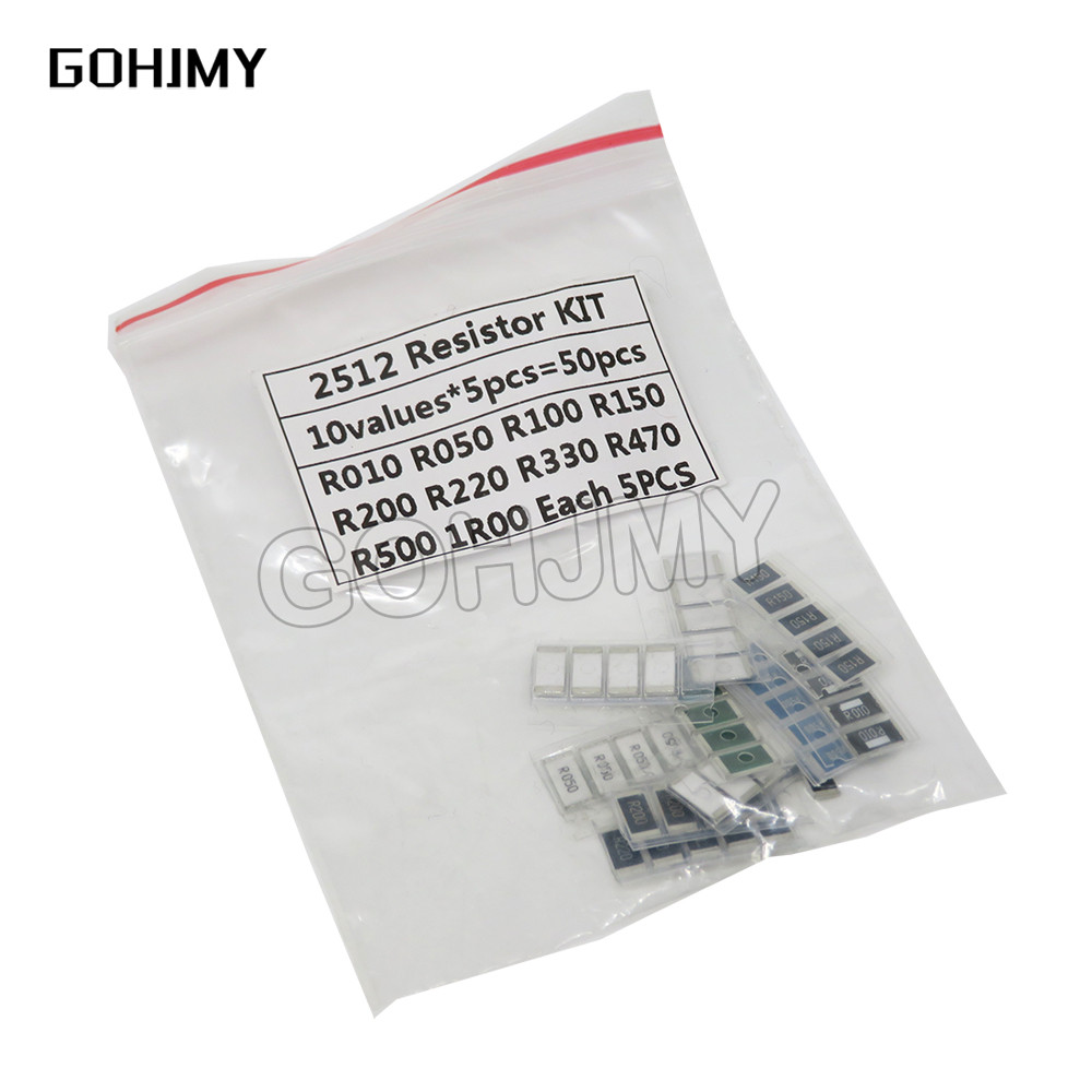 50PCS 1% 2512 SMD ตัวต้านทานตัวอย่างชุด 10 ค่าX5PCS = 50 ชิ้น 1R00 R500 R470 R330 R220 R200 R150 R10