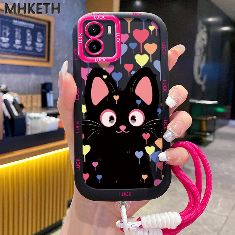เคสสำหรับ VIVO Y15S Y15A Y15C Y01 เคสซิลิโคนลายแมวน่ารักพร้อมสายคล้องมือกันกระแทก