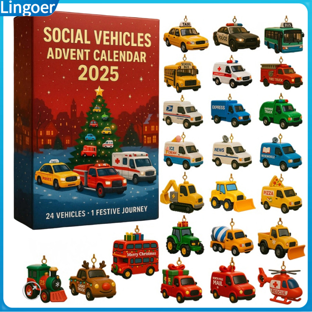 Lingoer Social Vehicle Advent ปฏิทิน 24 วันเครื่องประดับอะคริลิคสําหรับต้นคริสต์มาสตกแต่งนับถอยหลังส