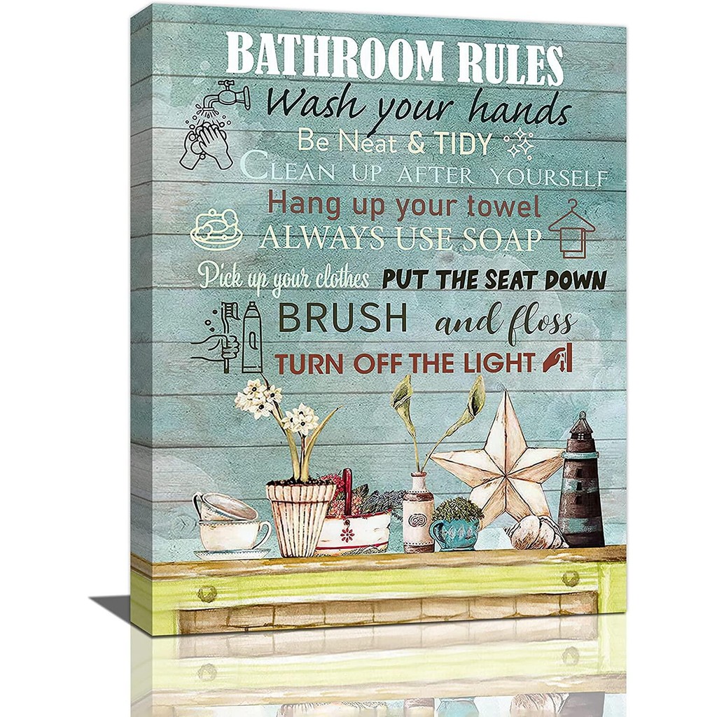 Farmhouse ห้องน้ํา Wall Art Rustic Country ห้องน้ํากฎรูปภาพ Wall Decor Farmhouse Teal Bathroo