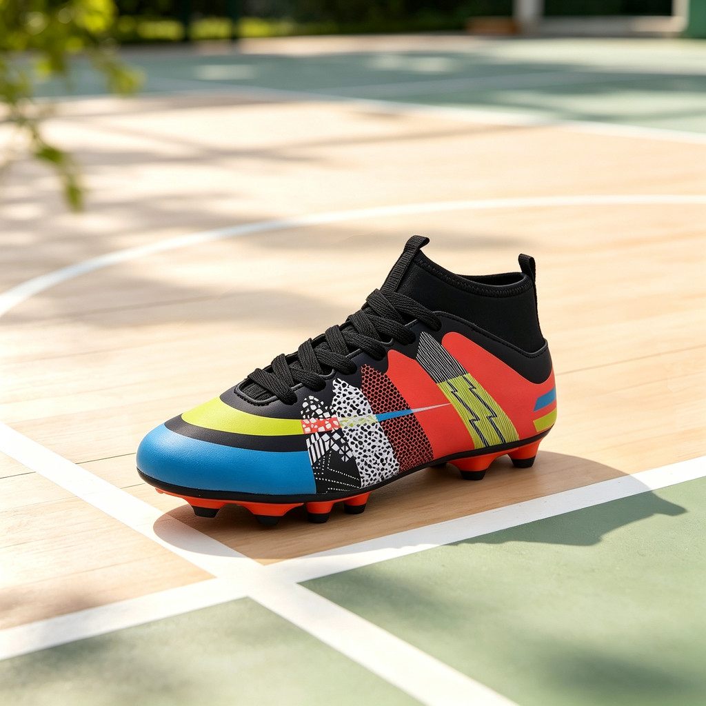 Black Red Blue Yellow Patchwork High Cut Football Shoes Outdoor Grass Studded Cleats
