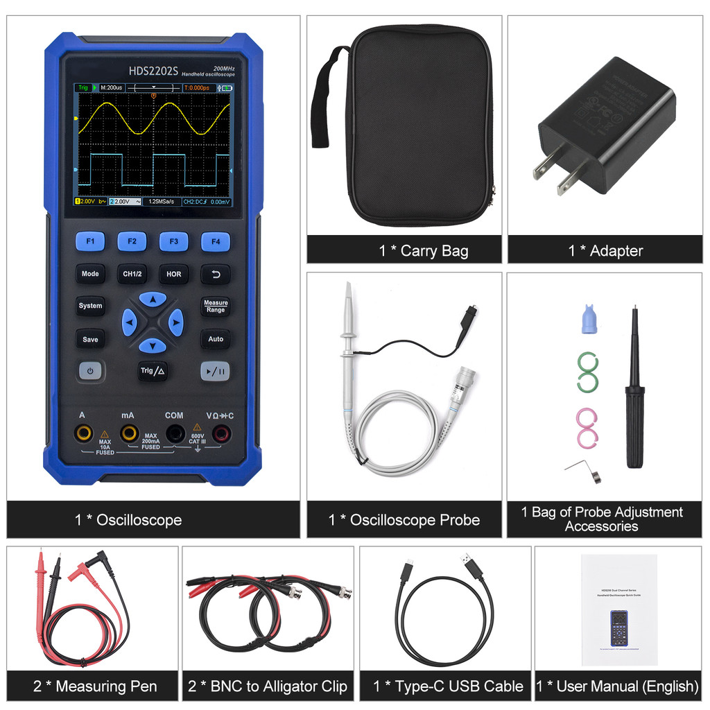 OWON HDS2202S 3 in 1 Handheld Digital Oscilloscope มัลติมิเตอร์ Waveform Generator 200MHz 1GSa/s Dua