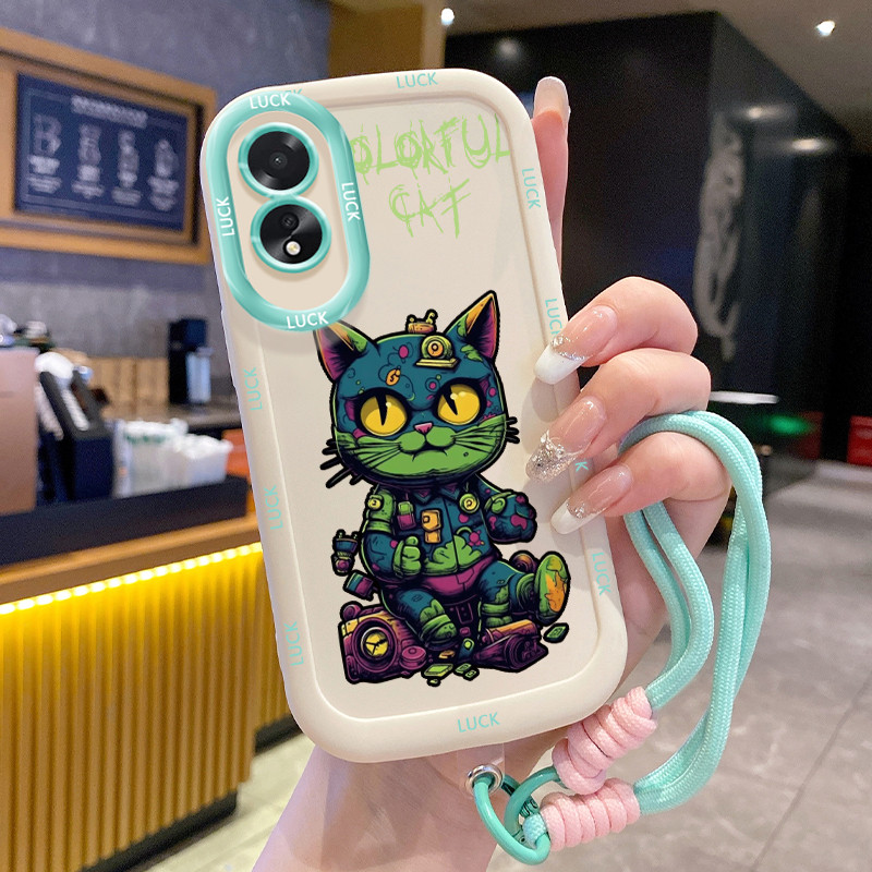 เคสสำหรับ OPPO A18 A38 เคสโทรศัพท์แมวน่ารักซิลิโคนสายคล้องกันกระแทก