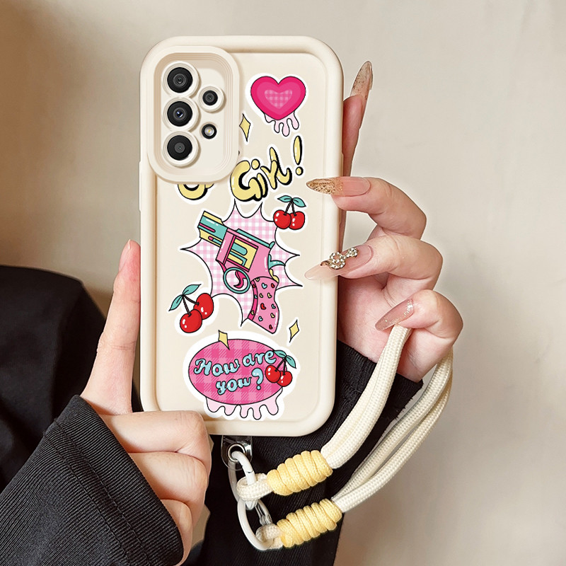 เคสสำหรับ Samsung Galaxy A52 5G A52s เคสโทรศัพท์เชอร์รี่กระต่ายสามสีซิลิโคนสายคล้องกันกระแทก