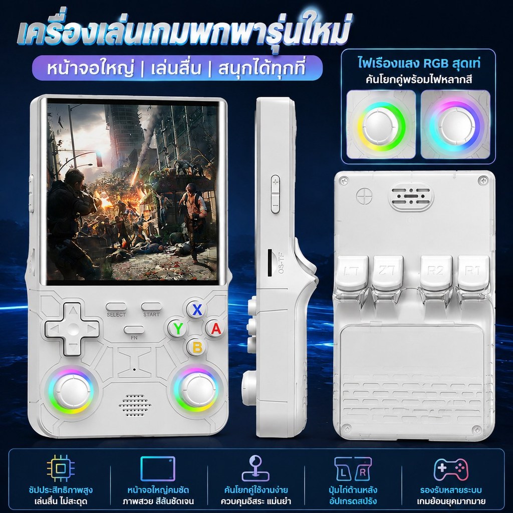 พร้อมส่ง สินค้าใหม่ เครื่องเล่นเกม Retro พกพา ชิป RK3326 จอ IPS 4 นิ้ว ปุ่ม L R แบบสปริง จอยคู่ไฟ RG